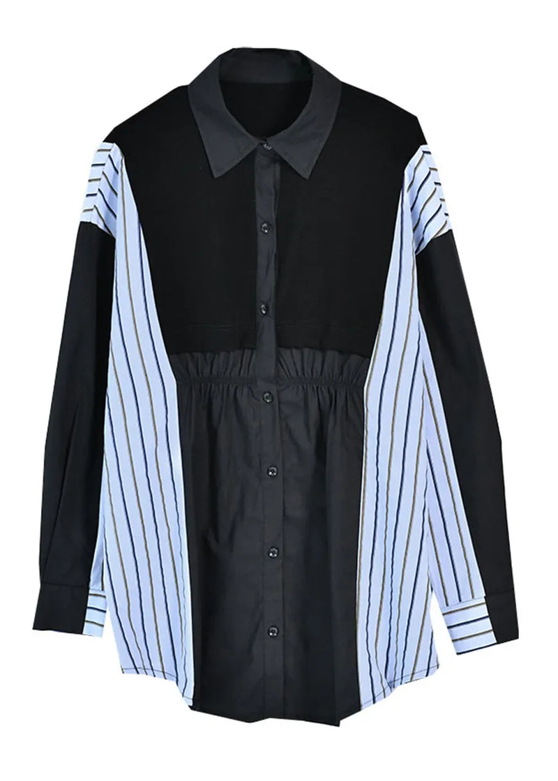 Black Peter Pan Collar Wrinkled Striped Patchwork Low High Design Button Cotton Shirt Long Sleeve