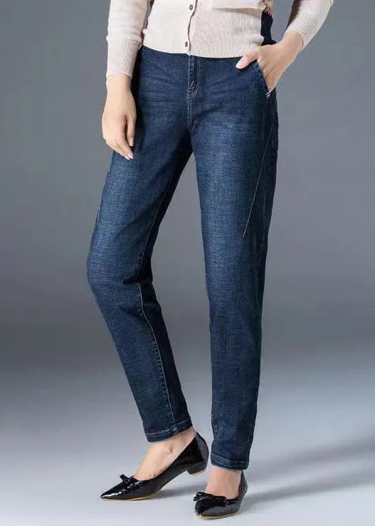 Fitted Navy High Waist Pockets Color Cotton Denim Pants Fall