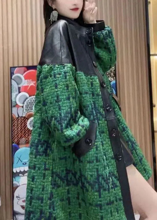 Green Stand Collar Pockets Patchwork Sheepskin Woolen Coat Outwear Spring