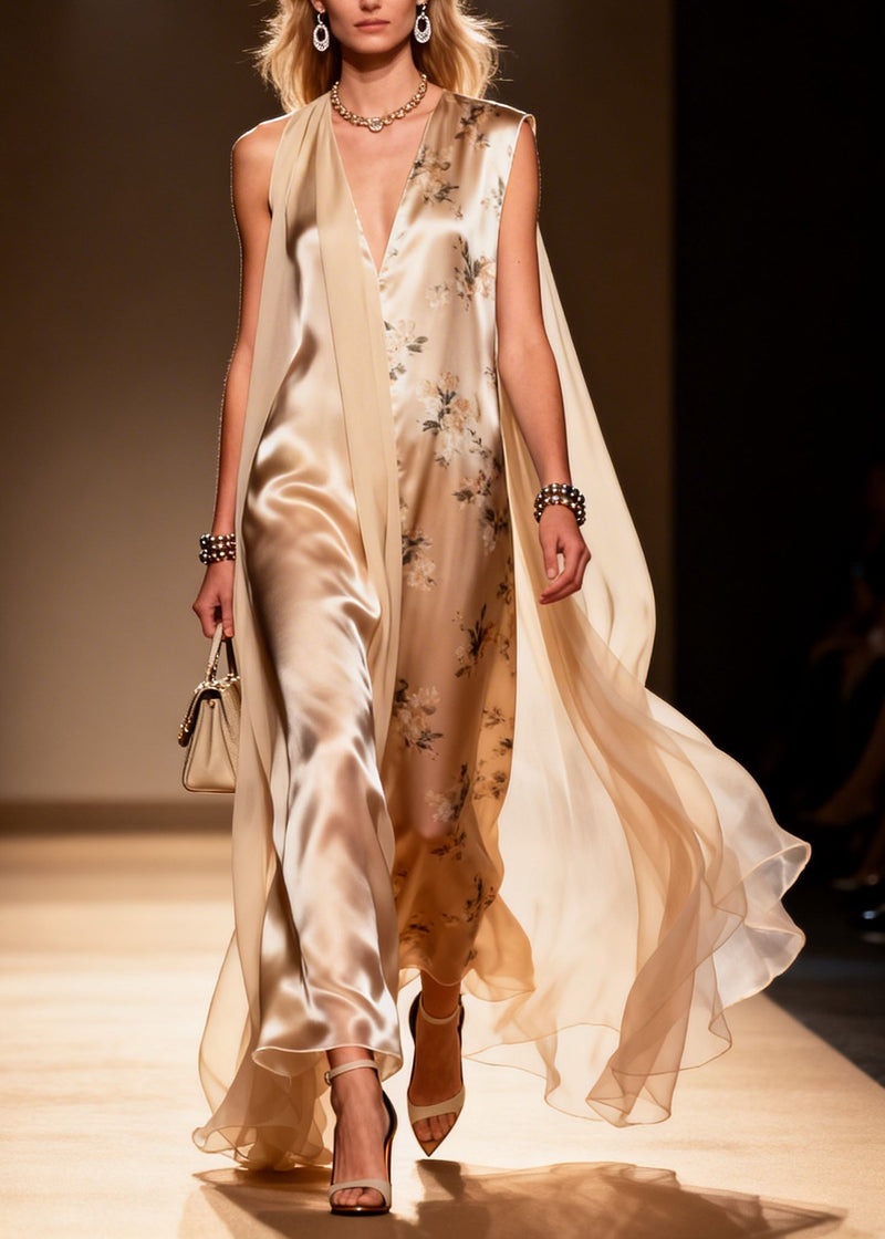 V Neck Print Patchwork Chiffon Maxi Dresses Summer