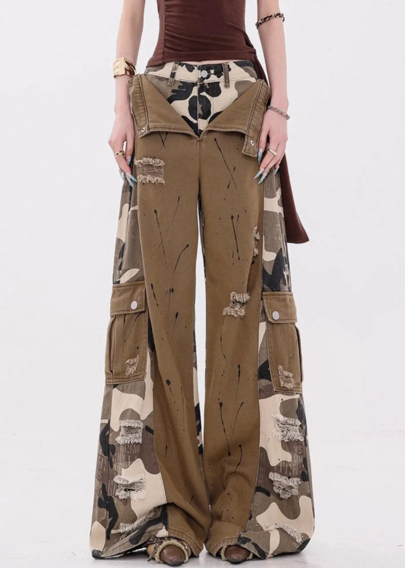 Camouflage Pockets False Two Pieces Patchwork Denim Pants Fall