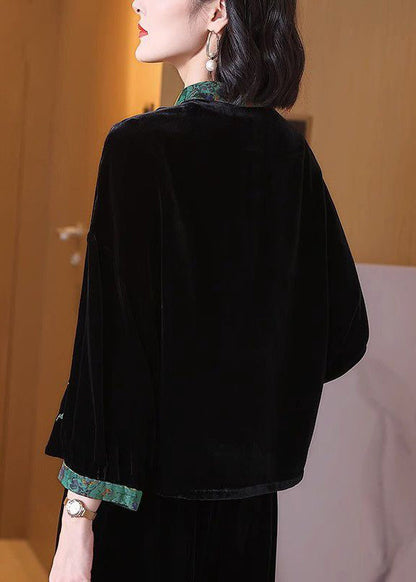 Loose Black Embroideried Button Silk Velour Top Long Sleeve