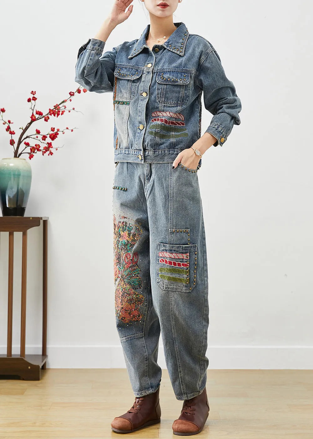 Art Blue Embroideried Print Rivet Denim Two Pieces Set Fall
