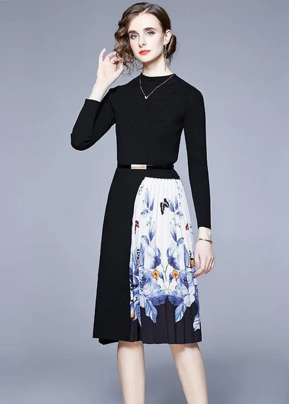 French Black O-neck Patchwork Print Knit Long Dress Long Sleeve