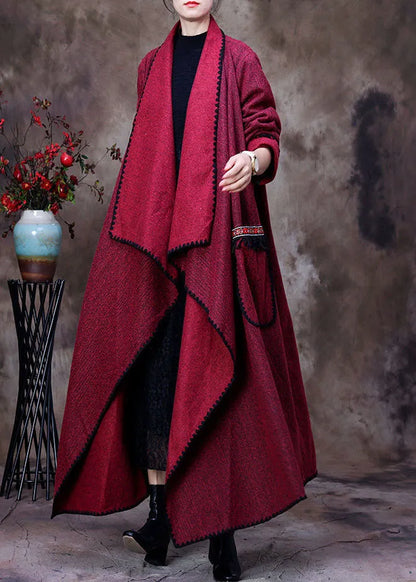 Red Peter Pan Collar Asymmetrical Design Pockets Cashmere Coats Spring
