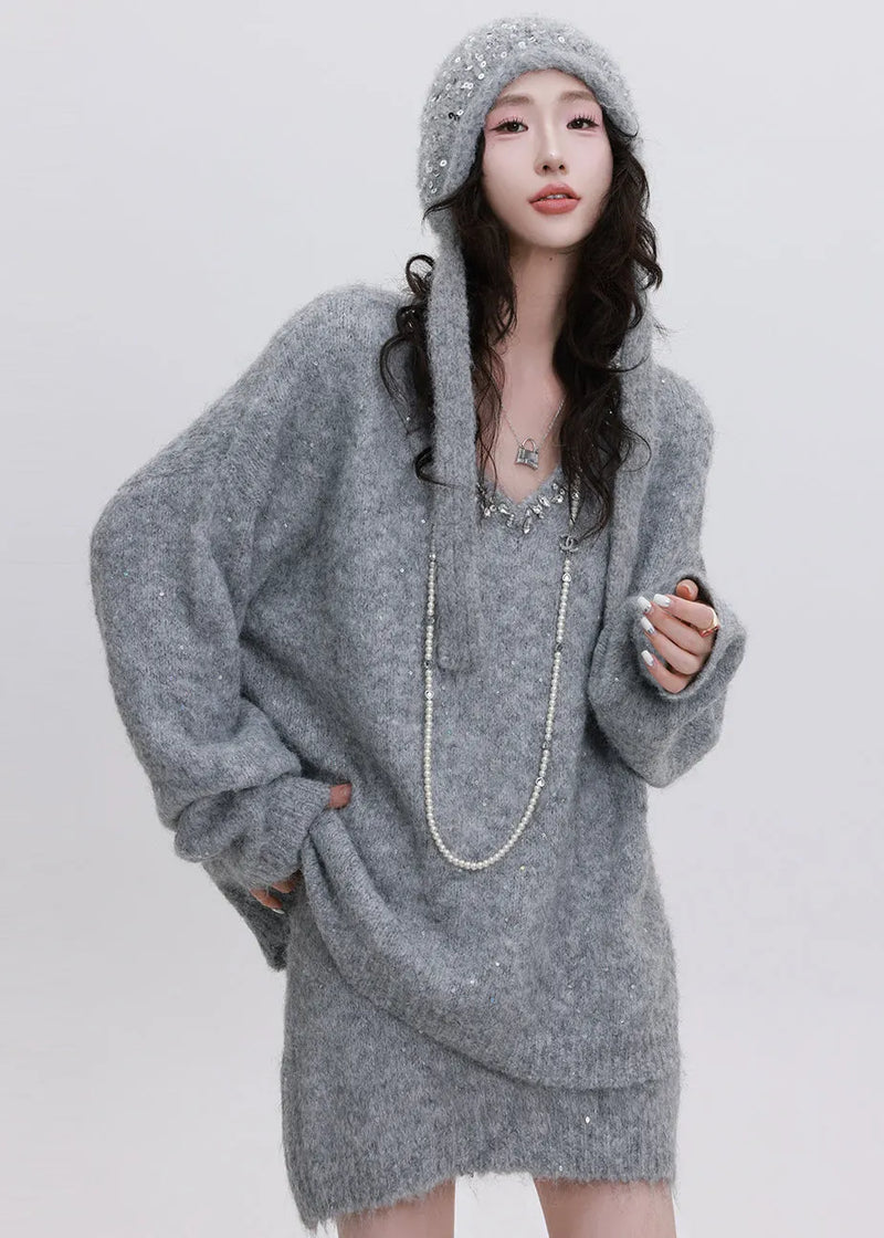 Grey Cozy Knit Two Piece Set Clothing Sequins Winter