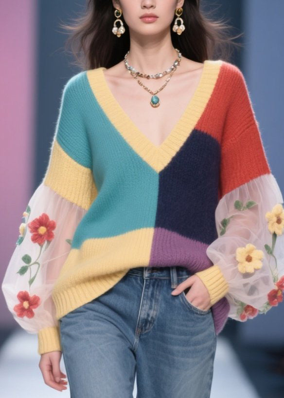 Colorblock Tulle Patchwork Knit Pullover Fall