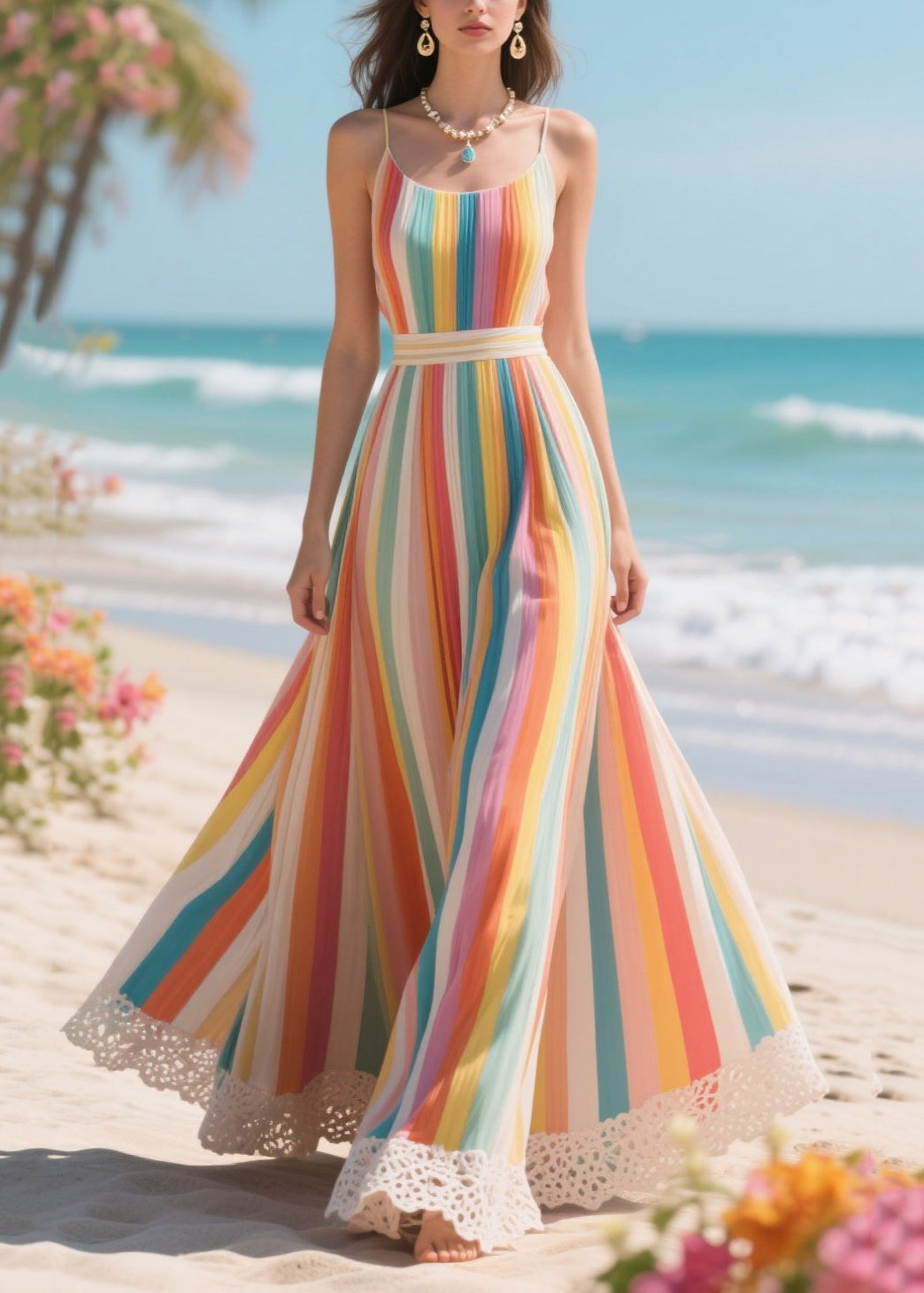 Rainbow Striped Patchwork Lace Chiffon Cami Dresses Summer