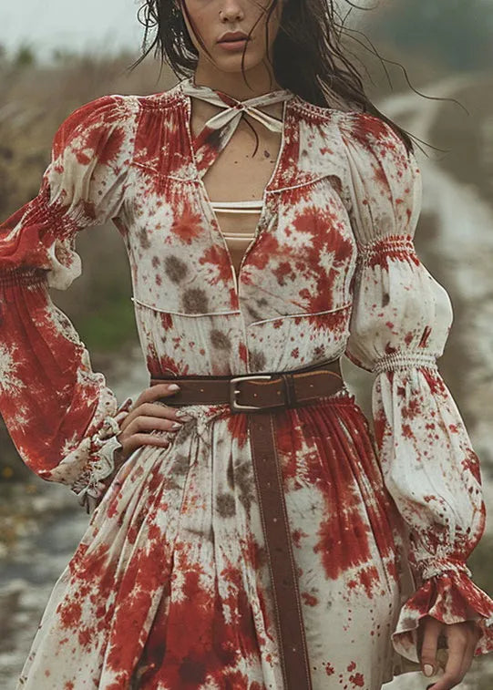 V Neck Tie Dye Pastoral Style Mid Dress Flare Sleeve