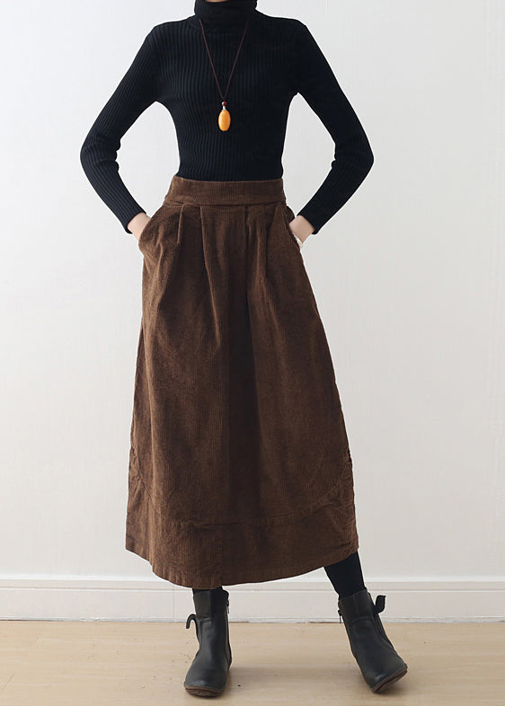 Brown Oversized Patchwork Pockets Corduroy Skirt Spring