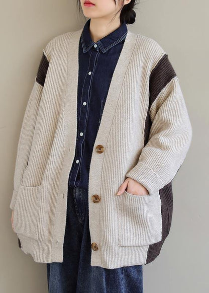 Aesthetic Spring Beige Knit Tops V Neck Button Down Knitted Clothes
