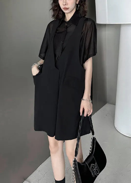 Black Pockets Patchwork Falsetwo Pieces Cotton Mid Dress Summer