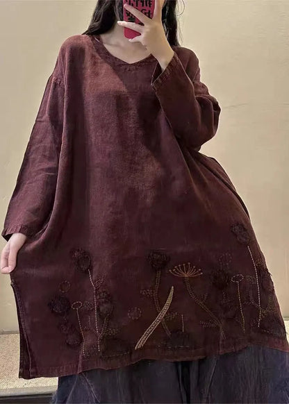 Yellow Text V Neck Embroidered Patchwork Linen Mid Dresses Fall