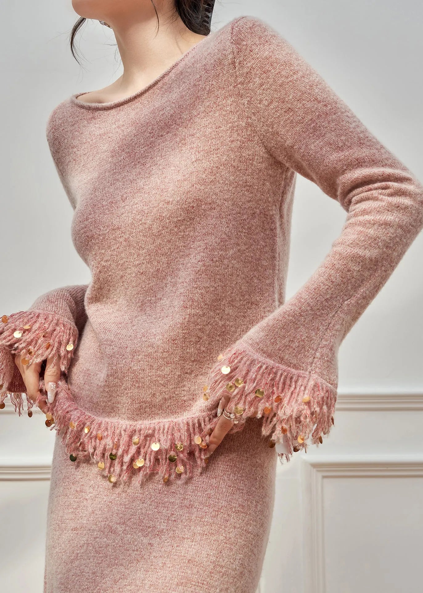 Pink Tasseled Sequins Knit Two Pieces Set Flare Sleeve