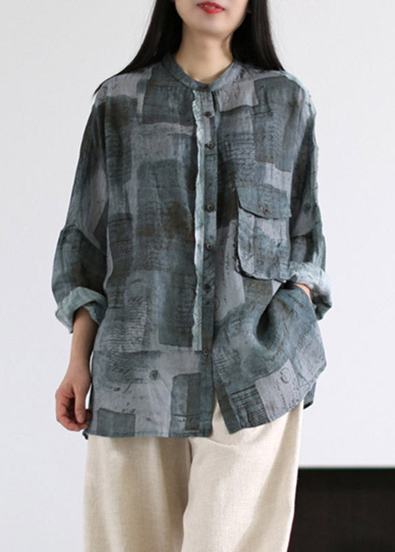 Loose Blue O-neck Print Button Pockets Linen Tops Long Sleeve