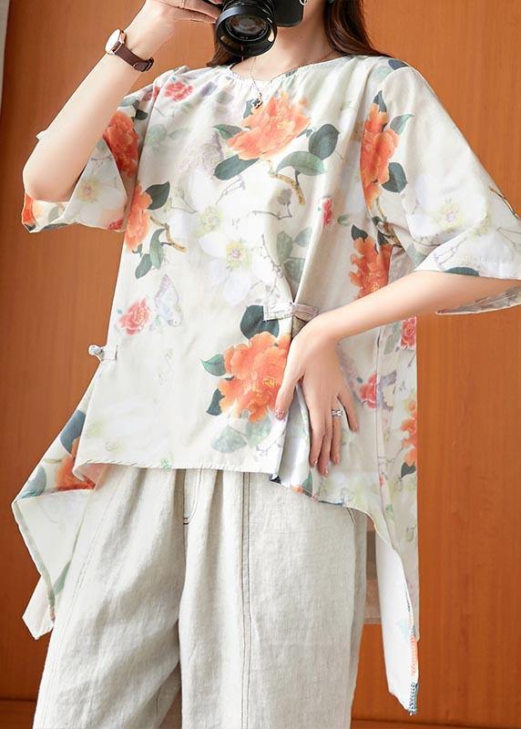 Fine Print Low High Design Oriental Linen Summer Blouse Top