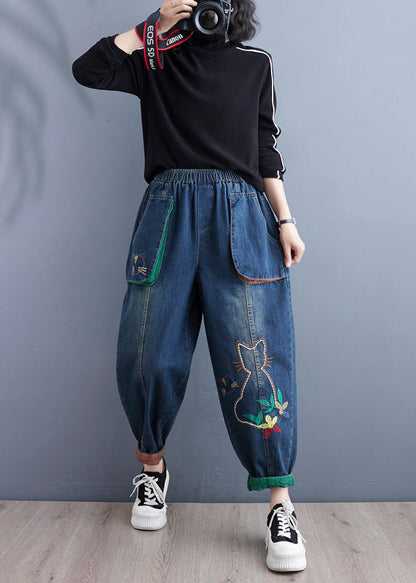 Art Blue Cartoon Embroideried Pockets Elastic Waist Denim Pants Spring