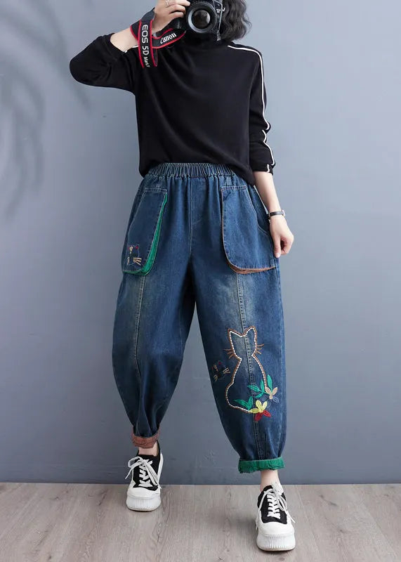 Art Blue Cartoon Embroideried Pockets Elastic Waist Denim Pants Spring