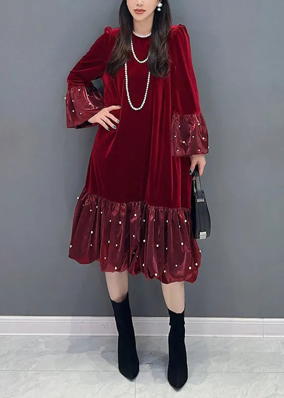 French Red Wrinkled Zircon Patchwork Silk Velour Dress Spring