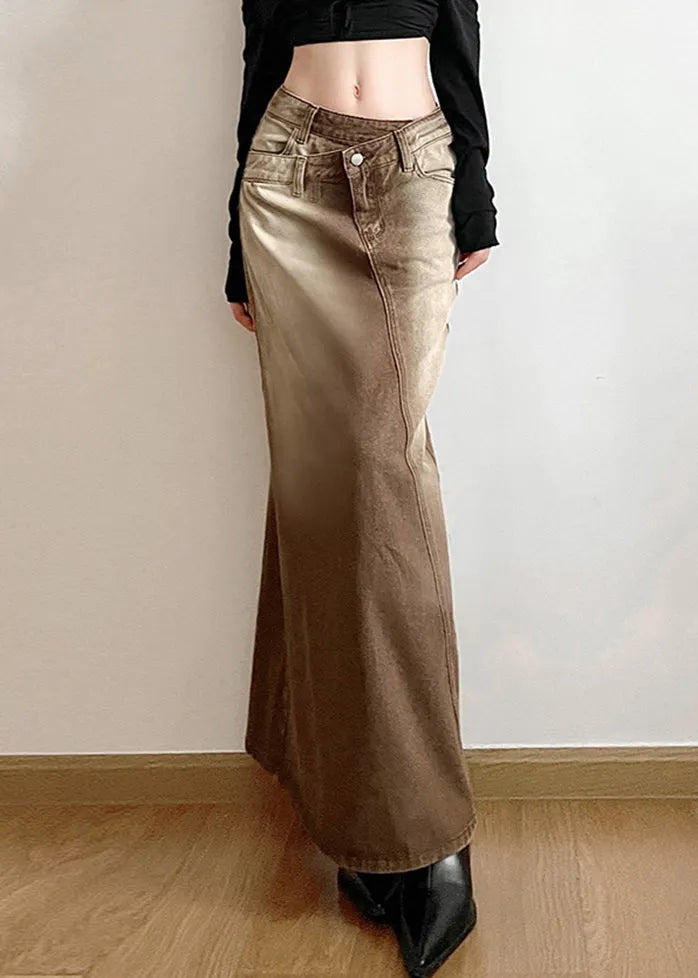 Light Brown Asymmetrical Side Open Denim Skirt Fall