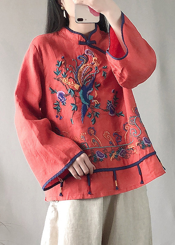 Red Embroideried Button Linen Top Long Sleeve