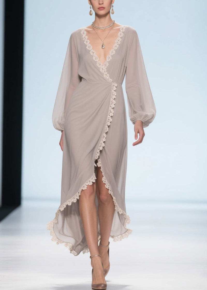 Apricot Lace Low High Design Chiffon Maxi Dresses