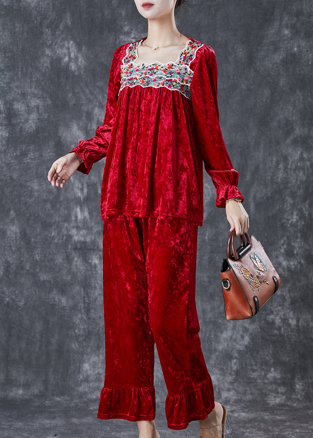 Red Embroideried Patchwork Silk Velour Two Piece Set Fall