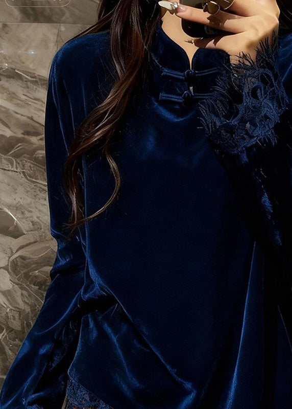 Peacock Blue Mandarin Collar Patchwork Lace Silk Velour Top Spring