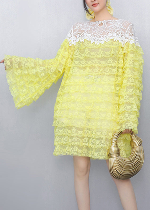 Original Design Yellow O-neck Sheer Knit Lace Tops Fall