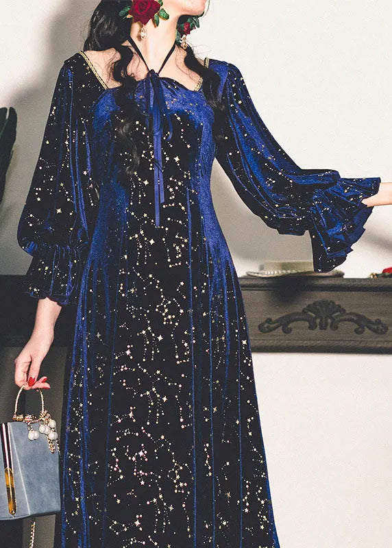 Navy Square Collar Sequins Exra Large Hem Silk Velour Maxi Dresses Spring