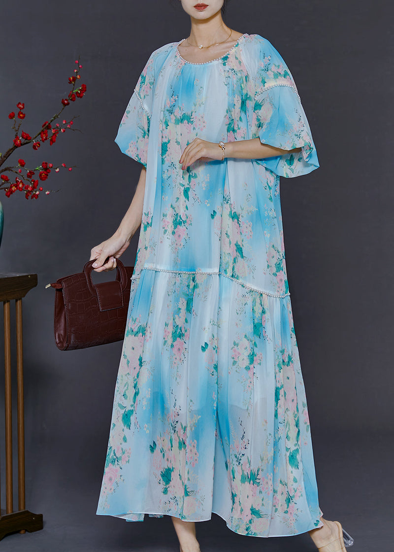 Diy Sky Blue Oversized Print Chiffon Long Dress Summer