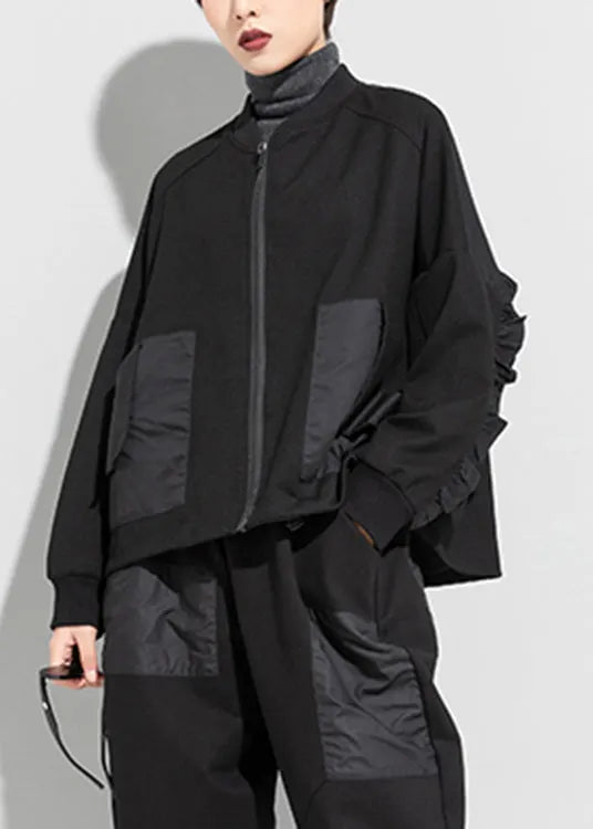 Black O-neck Zippered Pockets Patchwork Coat Long Sleeve