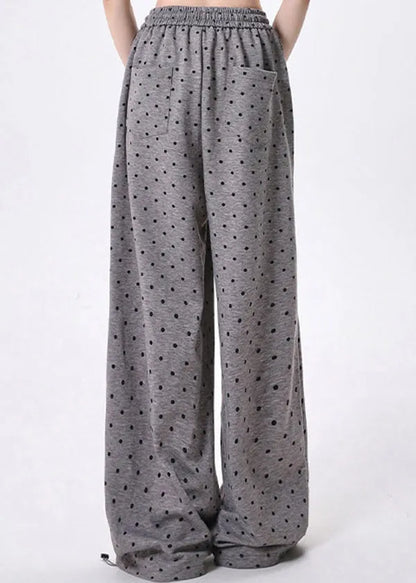 Grey Dot Bow Lace Patchwork Cotton Wide Leg Pants Spring