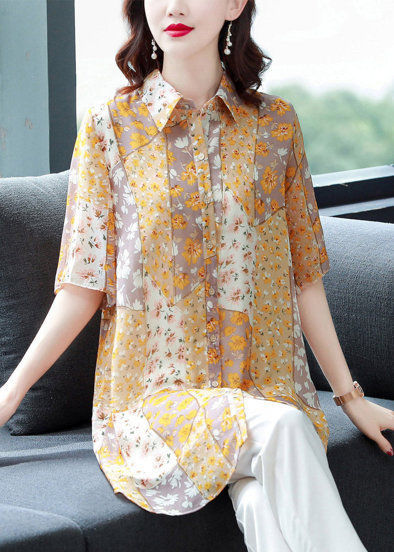 Orange Peter Pan Collar Print Button Chiffon Blouse Top Half Sleeve