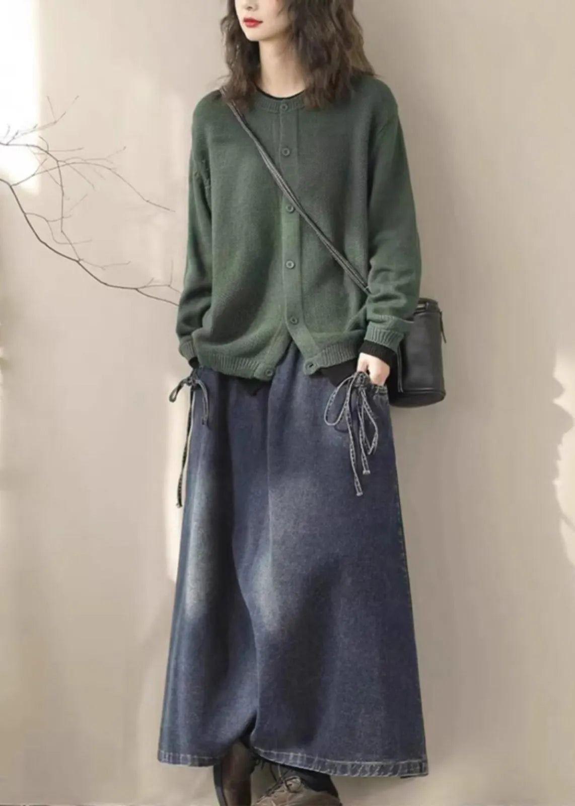 Blue Elastic Waist Lace Up Denim Skirt Spring