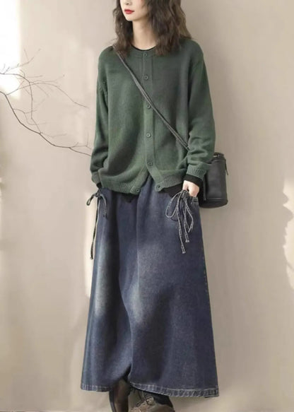 Blue Elastic Waist Lace Up Denim Skirt Spring