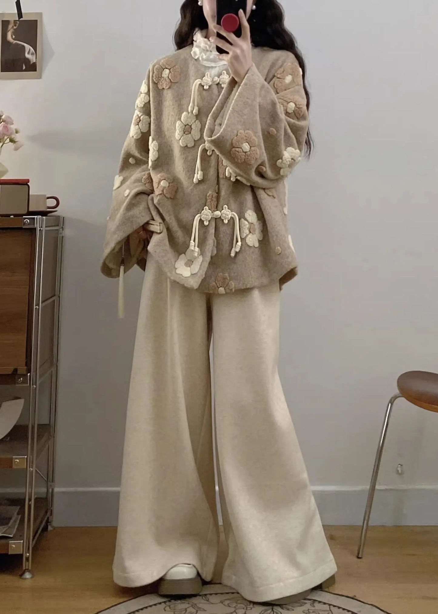 Apricot Chinese Button Coat and Wide Leg Pants Woolen Two Pieces Set Fall