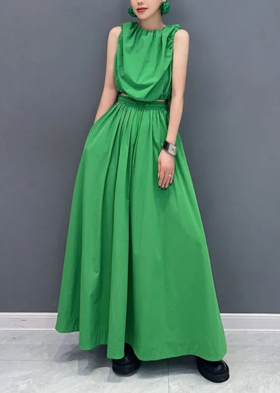 French Green Patchwork Pockets Top and Maxi Skirts Two Pieces Set Summer