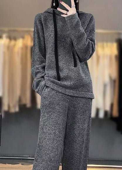 Simple Grey Hooded Pockets Woolen Two-piece Set Winter