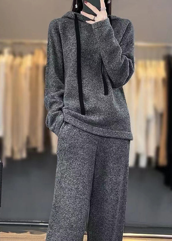 Simple Grey Hooded Pockets Woolen Two-piece Set Winter