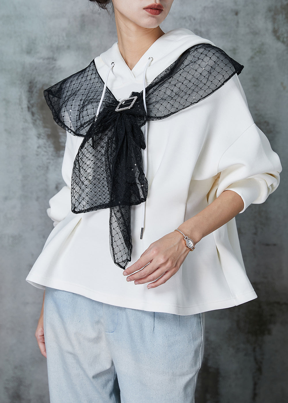 Beige Hooded Bow Wrinkled Cotton Sweatshirt Spring