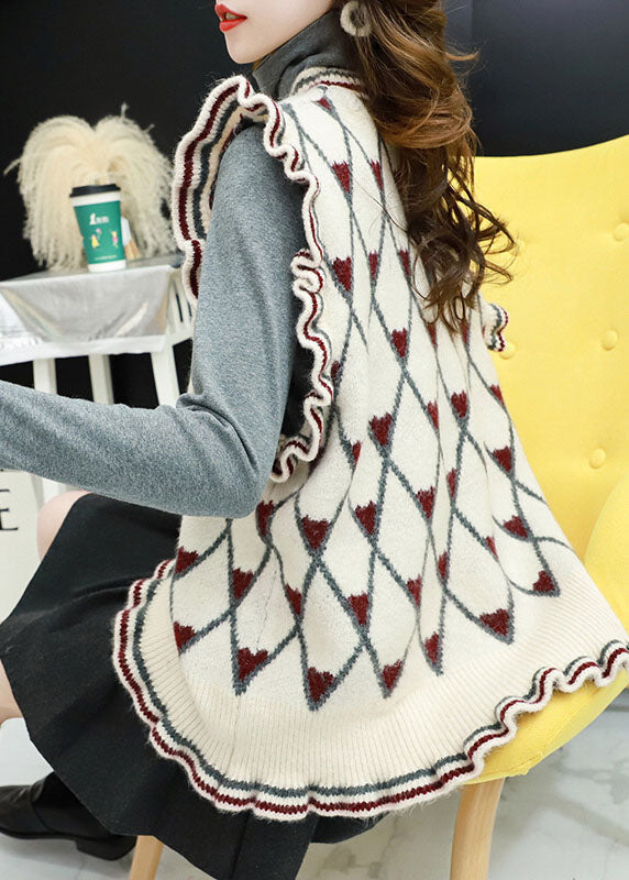 Style Beige O-neck Ruffled Plaid Fall Knit Vest
