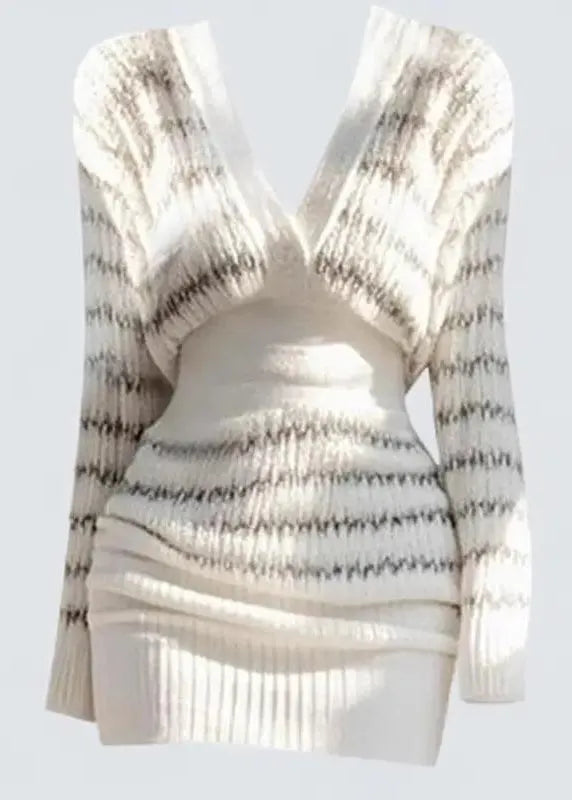 Korean Style Waist Cinching Striped Knitted Slim Fit Dress