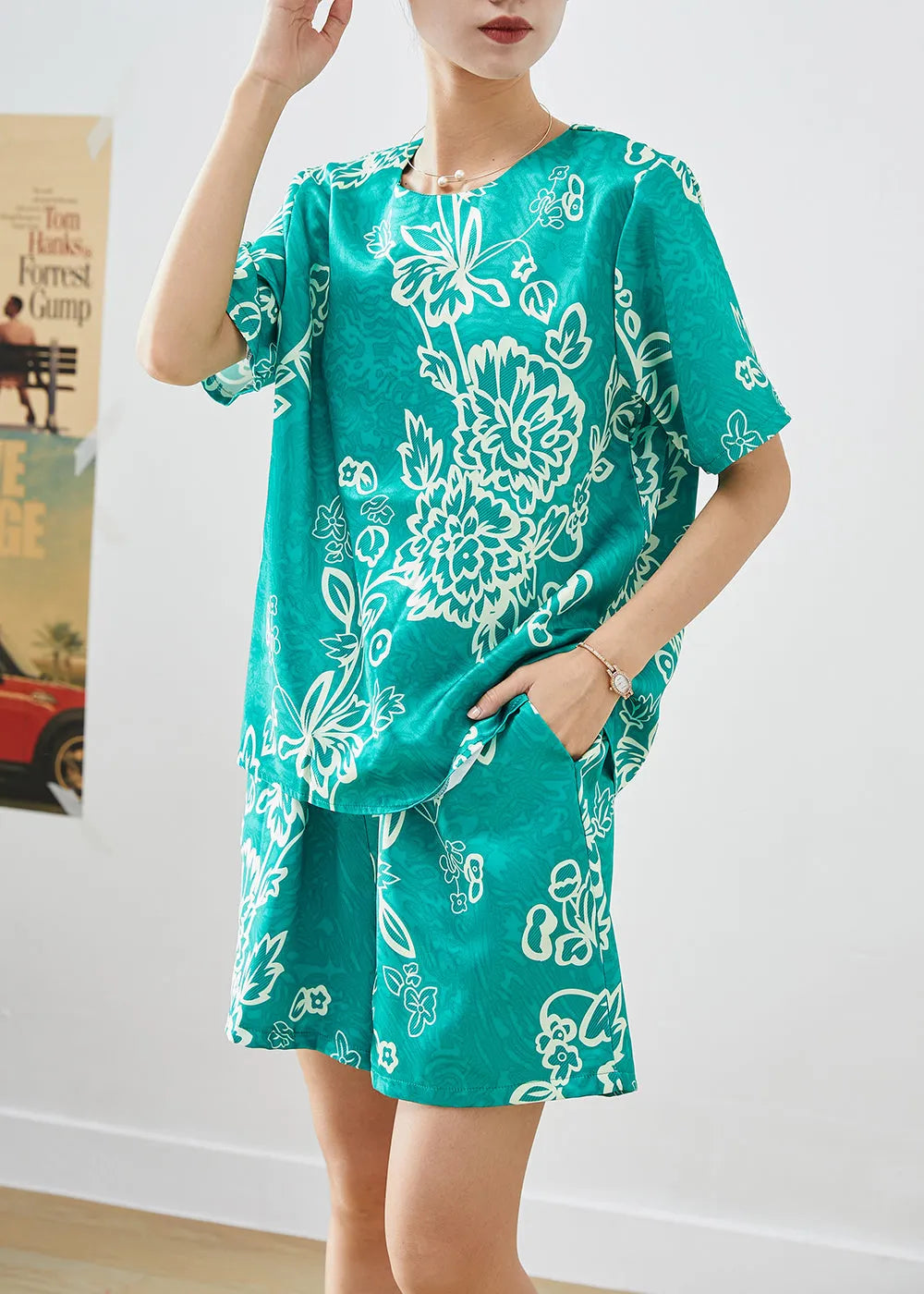 Art Green O-neck Oversized Print Silk Two Pieces Set Summer
