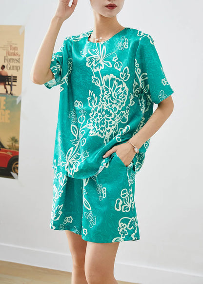 Art Green O-neck Oversized Print Silk Two Pieces Set Summer