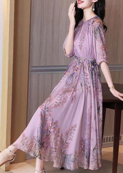 Purple O-neck Print Chiffon Maxi Dresses Summer