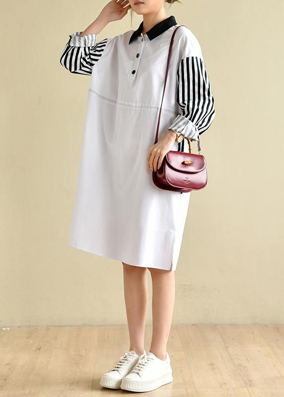 French Peter Pan Collar Striped Dresses Big Hem Cotton Dress