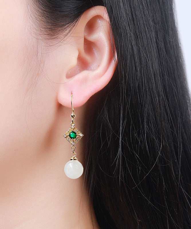 White 14k Gold Inlaid Gem Stone Jade Zircon Drop Earrings