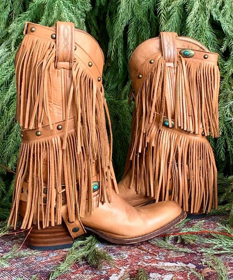 Splicing Chunky Cowgirl Boots Tassel Cowhide Leather
