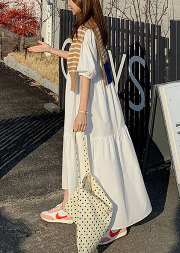 Cotton Color Puff Sleeve Pleated Simple Maxi Dresses With Pocket